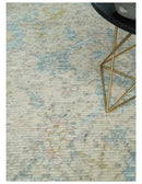 Ivory and Blue Wool Area Rug Contemporary Hand Knotted Artisan Handwoven Premium by The Rug Decor