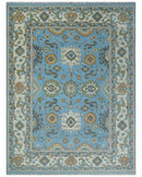 Hand Knotted Custom Made Blue and Ivory Traditional Oushak Wool Rug