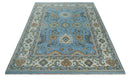 Hand Knotted Custom Made Blue and Ivory Traditional Oushak Wool Rug
