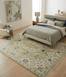 Wool Hand Knotted Turkish Rug - Olive Silver Beige Traditional