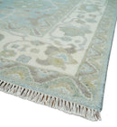 Hand Knotted Custom Made Oriental Oushak Aqua, Ivory and Beige Wool Area Rug