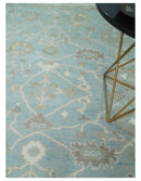 Hand Knotted Custom Made Oriental Oushak Aqua, Ivory and Beige Wool Area Rug