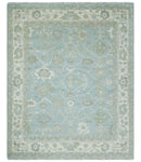 Hand Knotted Custom Made Oriental Oushak Aqua, Ivory and Beige Wool Area Rug