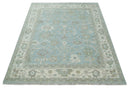 Hand Knotted Custom Made Oriental Oushak Aqua, Ivory and Beige Wool Area Rug