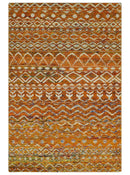 Hand Knotted Gold, Rust and Ivory Modern Contemporary Tribal Trellis Recycled Silk Area Rug