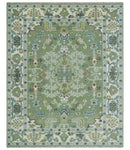 Hand Knotted Green, Ivory and Silver Traditional Turkish Vintage Style Wool Rug