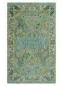 Green Olive Teal Wool Area Rug 8x10 - Hand-Knotted Traditional
