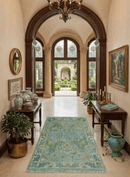 Green Olive Teal Wool Area Rug 8x10 - Hand-Knotted Traditional
