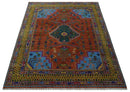 Hand Knotted Green, Rust, Yellow, Pink and Blue Traditional Floral 8x10 Wool Area Rug by The Rug Decor