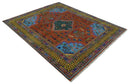 Hand Knotted Green, Rust, Yellow, Pink and Blue Traditional Floral 8x10 Wool Area Rug by The Rug Decor