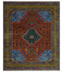 Hand Knotted Green, Rust, Yellow, Pink and Blue Traditional Floral 8x10 Wool Area Rug by The Rug Decor