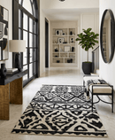 Hand Knotted Ivory and Black Antique Recycled Silk Area Rug 5x8