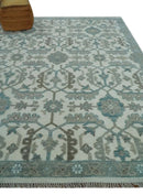 Hand Knotted Ivory and Teal 8x10 and 11x11 Square Oushak Wool Area Rug by The Rug Decor