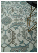 Hand Knotted Ivory and Teal 8x10 and 11x11 Square Oushak Wool Area Rug by The Rug Decor