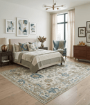 Ivory Beige Teal Wool Oushak Hand-Knotted Area Rug - Traditional