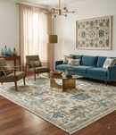 Ivory Beige Teal Wool Oushak Hand-Knotted Area Rug - Traditional
