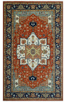 Hand Knotted Wool Area Rug Ivory Blue Rust Modern Traditional Heriz Serapi Woven by The Rug Decor