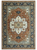 Hand Knotted Wool Area Rug Ivory Blue Rust Modern Traditional Heriz Serapi Woven by The Rug Decor