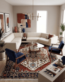 Ivory Brown and Blue Wool Area Rug - Hand Knotted Traditional Heriz