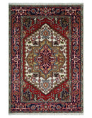 Ivory Brown and Blue Wool Area Rug - Hand Knotted Traditional Heriz