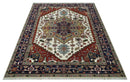 Ivory Brown and Blue Wool Area Rug - Hand Knotted Traditional Heriz
