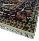 Ivory Brown and Blue Wool Area Rug - Hand Knotted Traditional Heriz