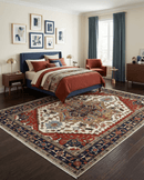 Ivory Brown and Blue Wool Area Rug - Hand Knotted Traditional Heriz