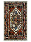 Ivory Brown and Blue Wool Area Rug - Hand Knotted Traditional Heriz