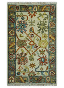 Hand Knotted Wool Area Rug Ivory Charcoal Blue Oushak Traditional Vintage Design by The Rug Decor