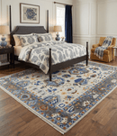 Hand Knotted Wool Oushak Area Rug - Traditional Ivory Charcoal Blue by The Rug Decor