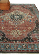 Ivory Rust and Blue Wool Hand Knotted Persian Heriz Serapi Rug by The Rug Decor