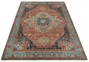 Ivory Rust and Blue Wool Hand Knotted Persian Heriz Serapi Rug by The Rug Decor