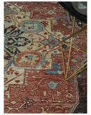Ivory Rust and Blue Wool Hand Knotted Persian Heriz Serapi Rug by The Rug Decor