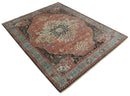 Ivory Rust and Blue Wool Hand Knotted Persian Heriz Serapi Rug by The Rug Decor