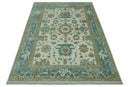 Hand Knotted Ivory, Teal and Beige Traditional Oriental Oushak Multi Size wool rug