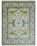 Hand Knotted Ivory, Teal and Olive Oriental Oushak 9x12 Wool Area Rug by The Rug Decor