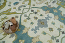 Hand Knotted Ivory, Teal and Olive Oriental Oushak 9x12 Wool Area Rug by The Rug Decor