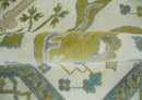 Hand Knotted Ivory, Teal and Olive Oriental Oushak 9x12 Wool Area Rug by The Rug Decor