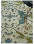 Hand Knotted Ivory, Teal and Olive Oriental Oushak 9x12 Wool Area Rug by The Rug Decor