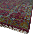 Maroon and Gold Hand Knotted Traditional Antique Wool Area Rug