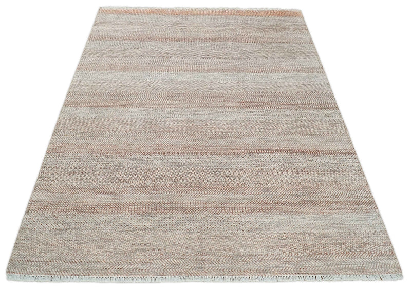 Hand Knotted Modern Geometric Trellis Scandinavian 8x10 Ivory, Rust and Gray Wool Area Rug | TRDCP933810