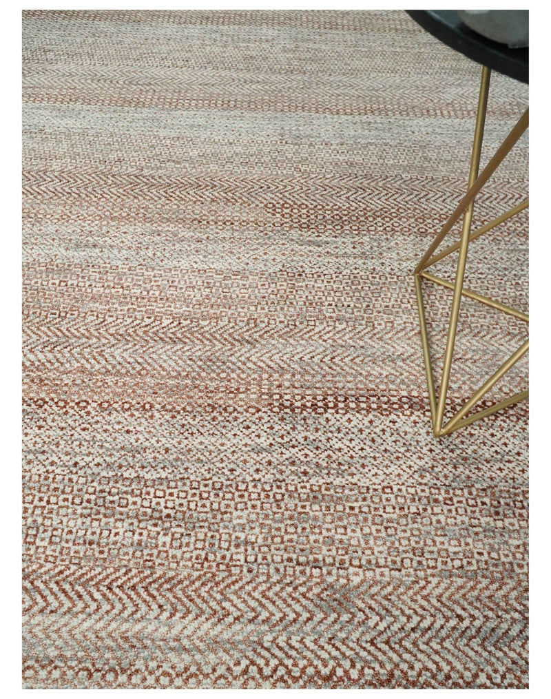 Hand Knotted Modern Geometric Trellis Scandinavian 8x10 Ivory, Rust and Gray Wool Area Rug | TRDCP933810