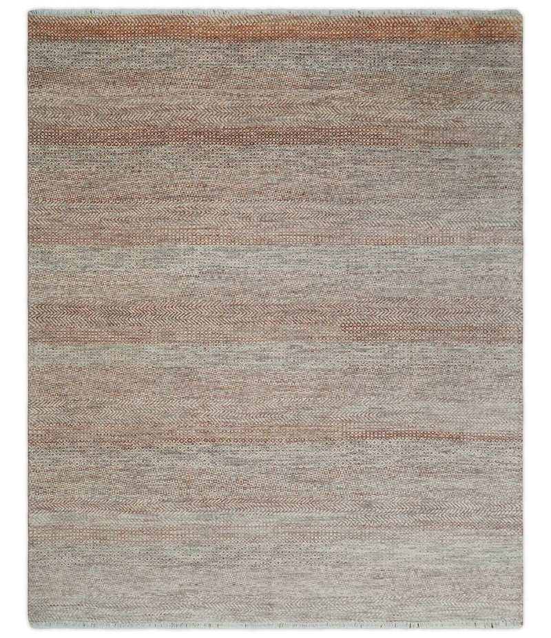 Hand Knotted Modern Geometric Trellis Scandinavian 8x10 Ivory, Rust and Gray Wool Area Rug | TRDCP933810