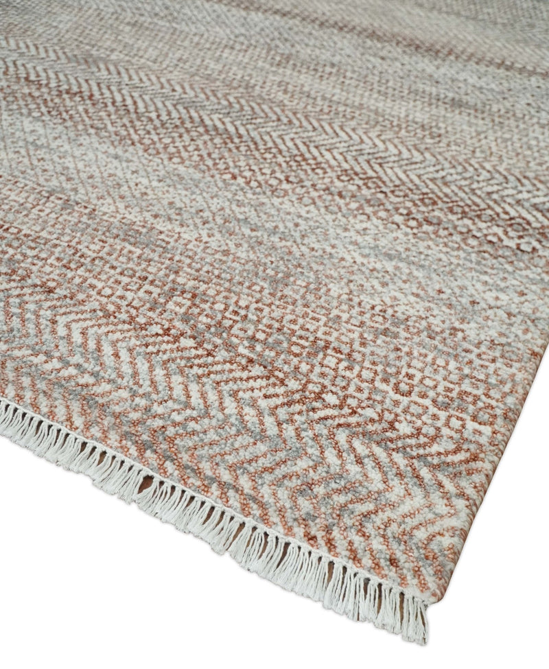 Hand Knotted Modern Geometric Trellis Scandinavian 8x10 Ivory, Rust and Gray Wool Area Rug | TRDCP933810