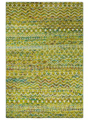 Hand Knotted Mustard, Aqua, Brown and Ivory 5.6x8.6 Modern Contemporary Southwestern Tribal Trellis Recycled Art Silk Area Rug