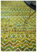 Hand Knotted Mustard, Aqua, Brown and Ivory 5.6x8.6 Modern Contemporary Southwestern Tribal Trellis Recycled Art Silk Area Rug