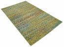 Hand Knotted Mustard, Aqua, Brown and Ivory 5.7x9 Modern Contemporary Southwestern Tribal Trellis Recycled Art Silk Area Rug