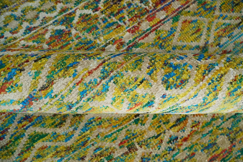Hand Knotted Mustard, Aqua, Brown and Ivory 5.7x9 Modern Contemporary Southwestern Tribal Trellis Recycled Art Silk Area Rug
