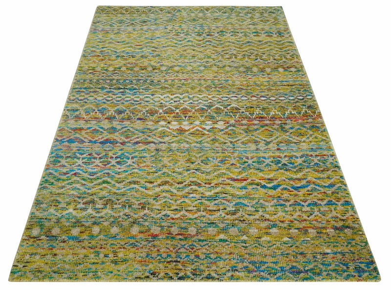 Hand Knotted Mustard, Aqua, Brown and Ivory 5.7x9 Modern Contemporary Southwestern Tribal Trellis Recycled Art Silk Area Rug