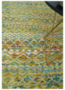 Hand Knotted Mustard, Aqua, Brown and Ivory 5.7x9 Modern Contemporary Southwestern Tribal Trellis Recycled Art Silk Area Rug